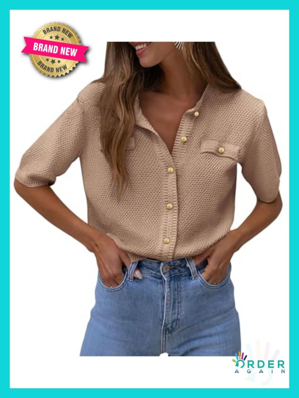Women's Summer Casual Button Down Knit Top Half Sleeve V Neck Blouse